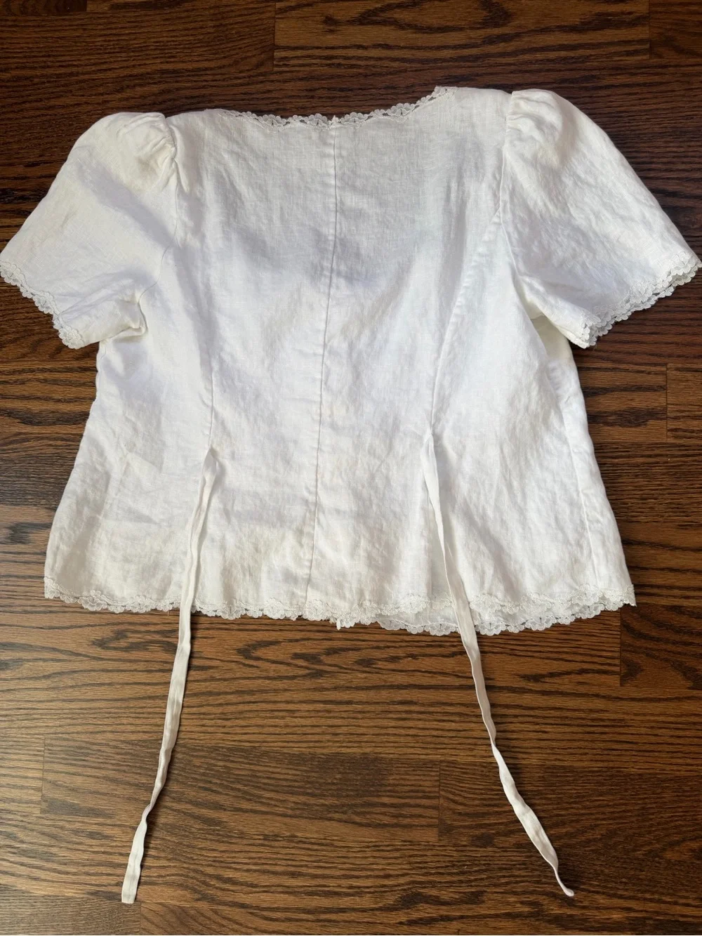 Reformation White Linen Lace-Trim Puff Sleeve Blouse